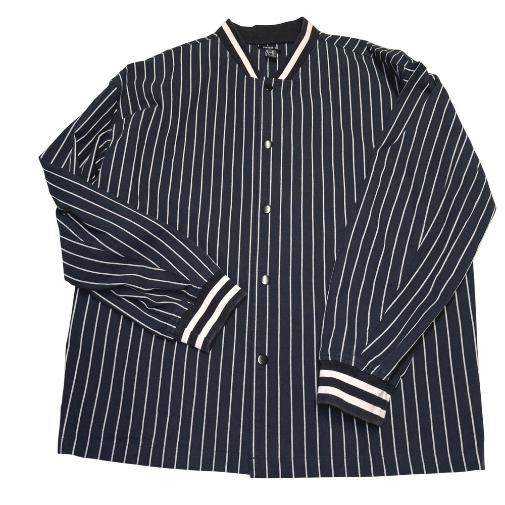 Forever 21 Men Black White Pinstripe Baseball Bomber Shirt Jacket Cotton Medium